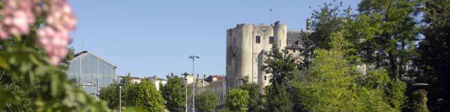 Vue sur le Donjon et les Halles de Niort depuis le square HG Clouzot